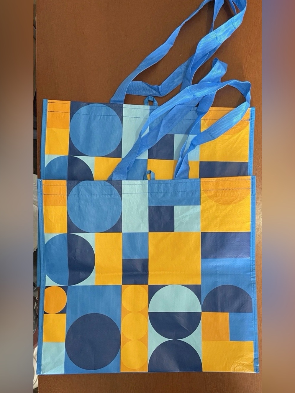 Walmart Lot Of 13 Large Shopping Bags Reusable Blue Yellow Geometric Design